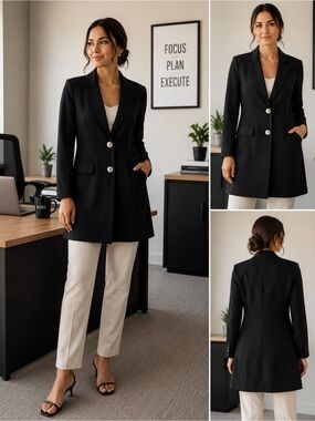 Appleline Black Longline Blazer Jacket Women’s Size 36 Lightweight Office Chic